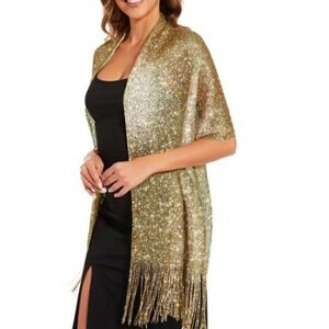Gold Sparkling Metallic Shawls and Wraps with Buckle, for Evening Dresses Party